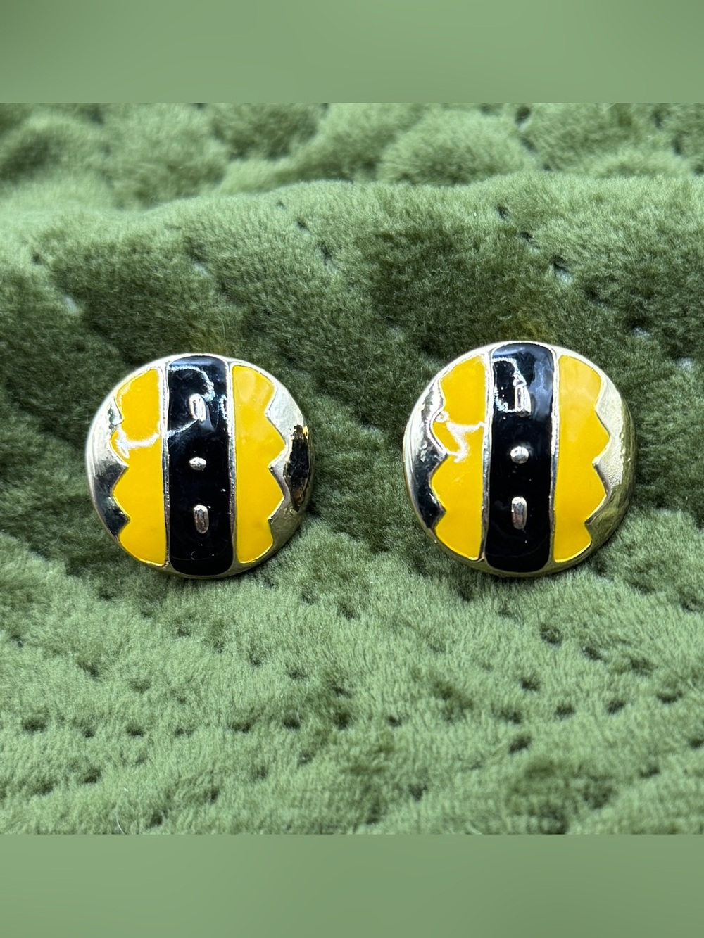 Vintage 80s Gold Yellow & Black Enamel Button Clip Earrings with Stripes